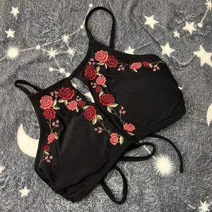 Xhilaration Black Floral Front Slit Bikini Top